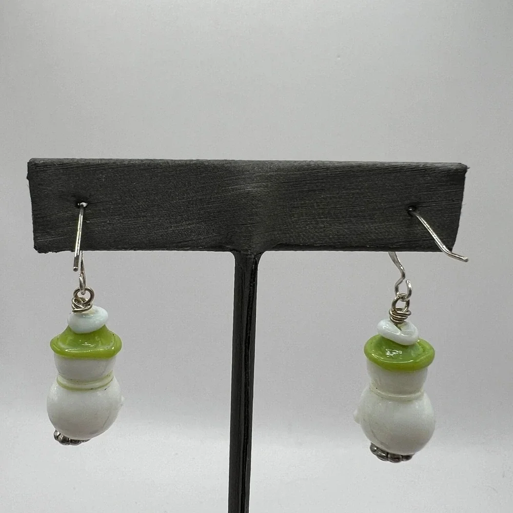 Vintage Snowman Pierced‎ Earrings White Glass and Silver Tone Winter Holiday